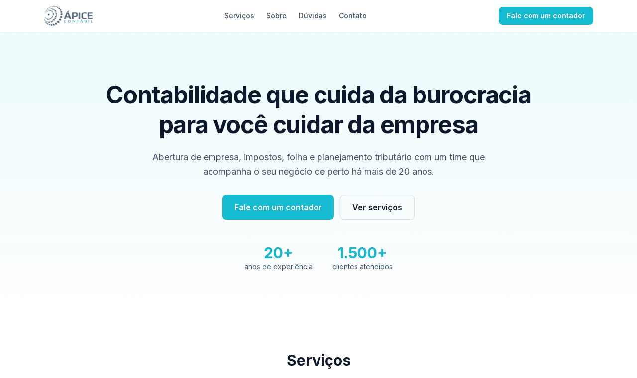 Página inicial do site de exemplo da Ápice Contábil feito com o Explika Sites